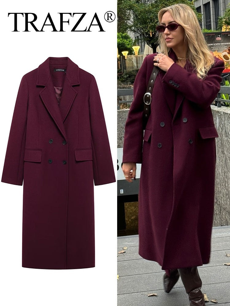 Trafza Women Fashion Burgundy Double Breasted Wool Coat Long Sleeve Lapel Blends Jacket Autumn Winter High Street OuterwearTrafza Women Fashion Burgundy Double Breasted Wool Coat Long Sleeve Lapel Blends Jacket Autumn Winter High Street Outerwear