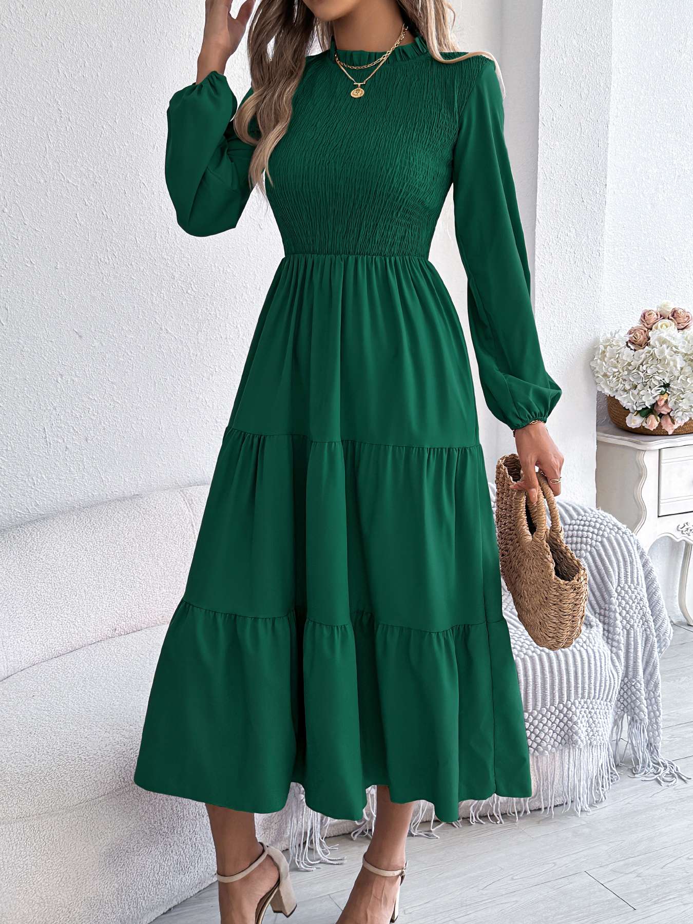 Autumn Winter Elegant Dresses for Women Solid Color Round Neck Long Sleeve Ruffles Dresses Khaki Green Red Autumn Winter Elegant Dresses for Women Solid Color Round Neck Long Sleeve Ruffles Dresses Khaki Green Red