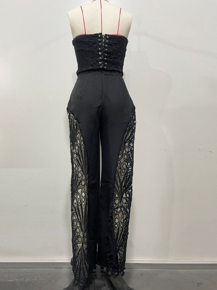 Beyprern Elegant Hollow Out Lace Chest Croset Tube Top and Wide Leg Pants Set Womens Lace Palazzo Tracksuits Set Sexy Clubwear Beyprern Elegant Hollow Out Lace Chest Croset Tube Top and Wide Leg Pants Set Womens Lace Palazzo Tracksuits Set Sexy Clubwear