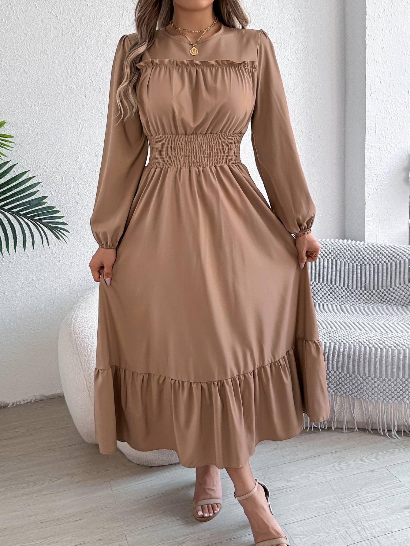 Autumn and winter casual elegant solid color round neck long sleeve cinched waist lotus leaf edge dress women's clothing Autumn and winter casual elegant solid color round neck long sleeve cinched waist lotus leaf edge dress women's clothing