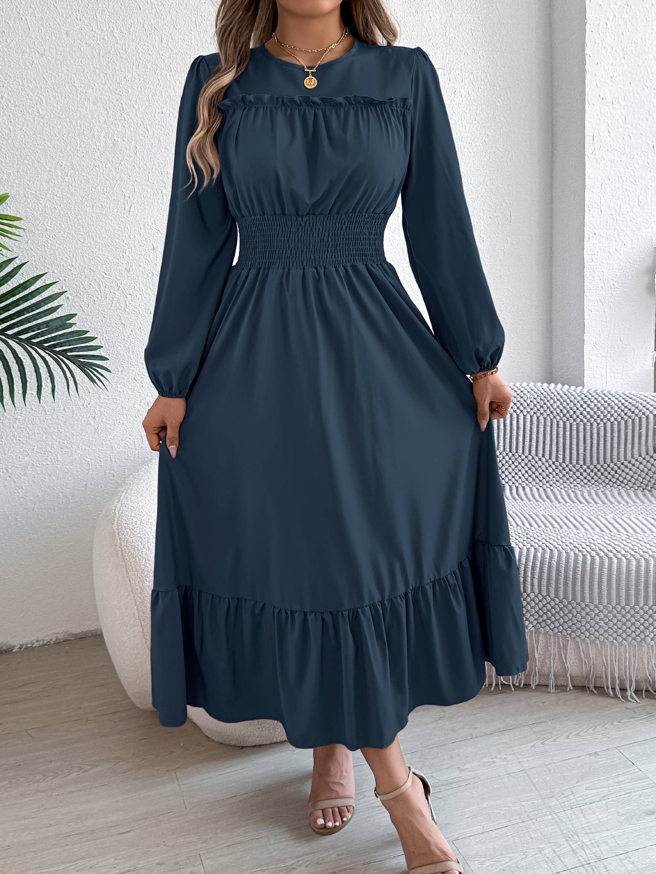Autumn and winter casual elegant solid color round neck long sleeve cinched waist lotus leaf edge dress women's clothing Autumn and winter casual elegant solid color round neck long sleeve cinched waist lotus leaf edge dress women's clothing
