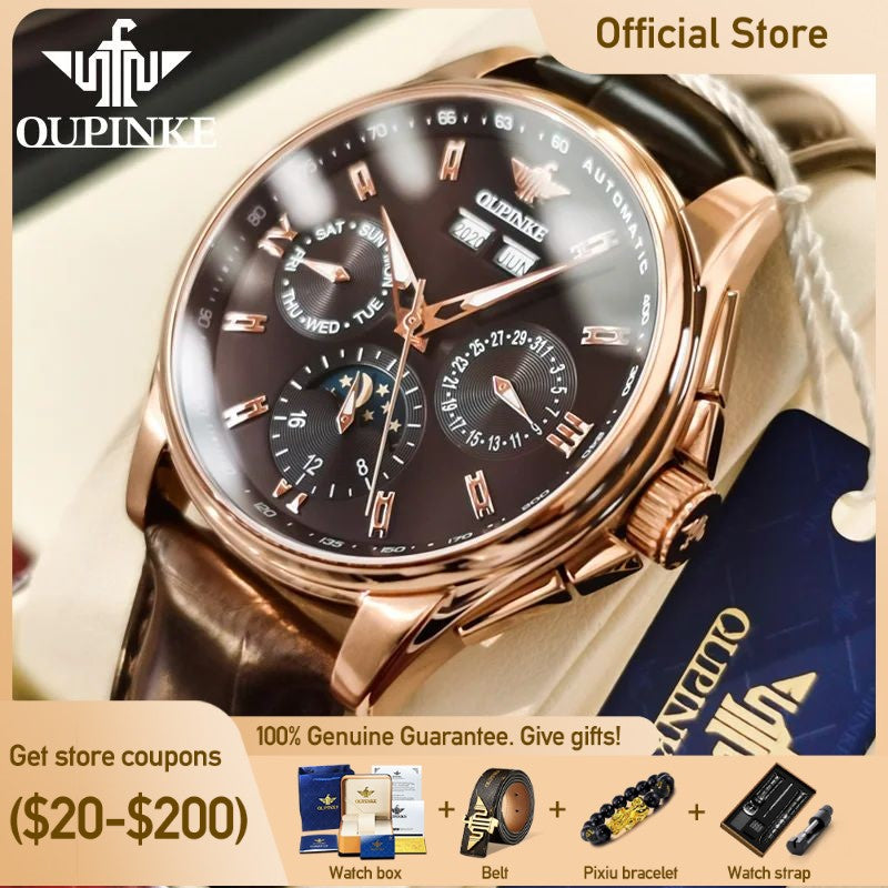 OUPINKE-Relógio Mecânico Impermeável Sapphire Espelho Masculino, Automático,