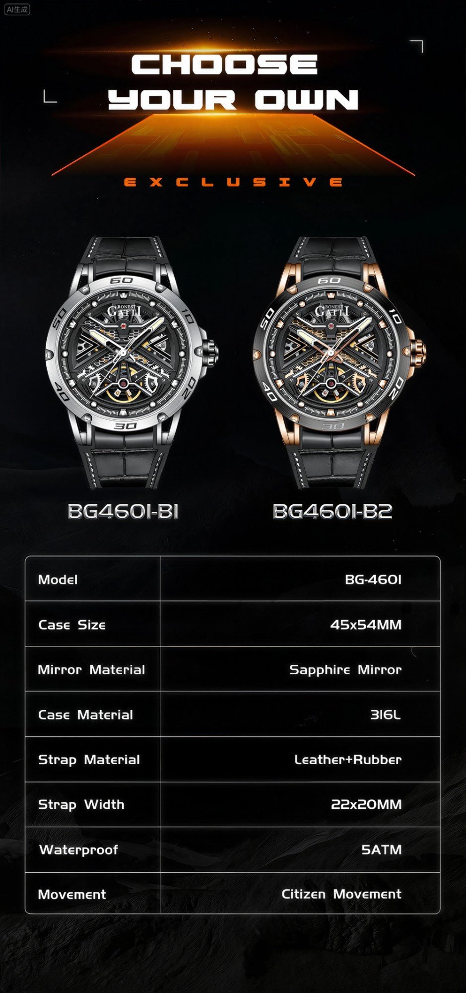 Bonest Gatti Men's Automatic Watch Luxury Vintage Mechanical 5ATM Skeleton Sapphire Luminous Leather Strap German Design Bonest Gatti Men's Automatic Watch Luxury Vintage Mechanical 5ATM Skeleton Sapphire Luminous Leather Strap German Design