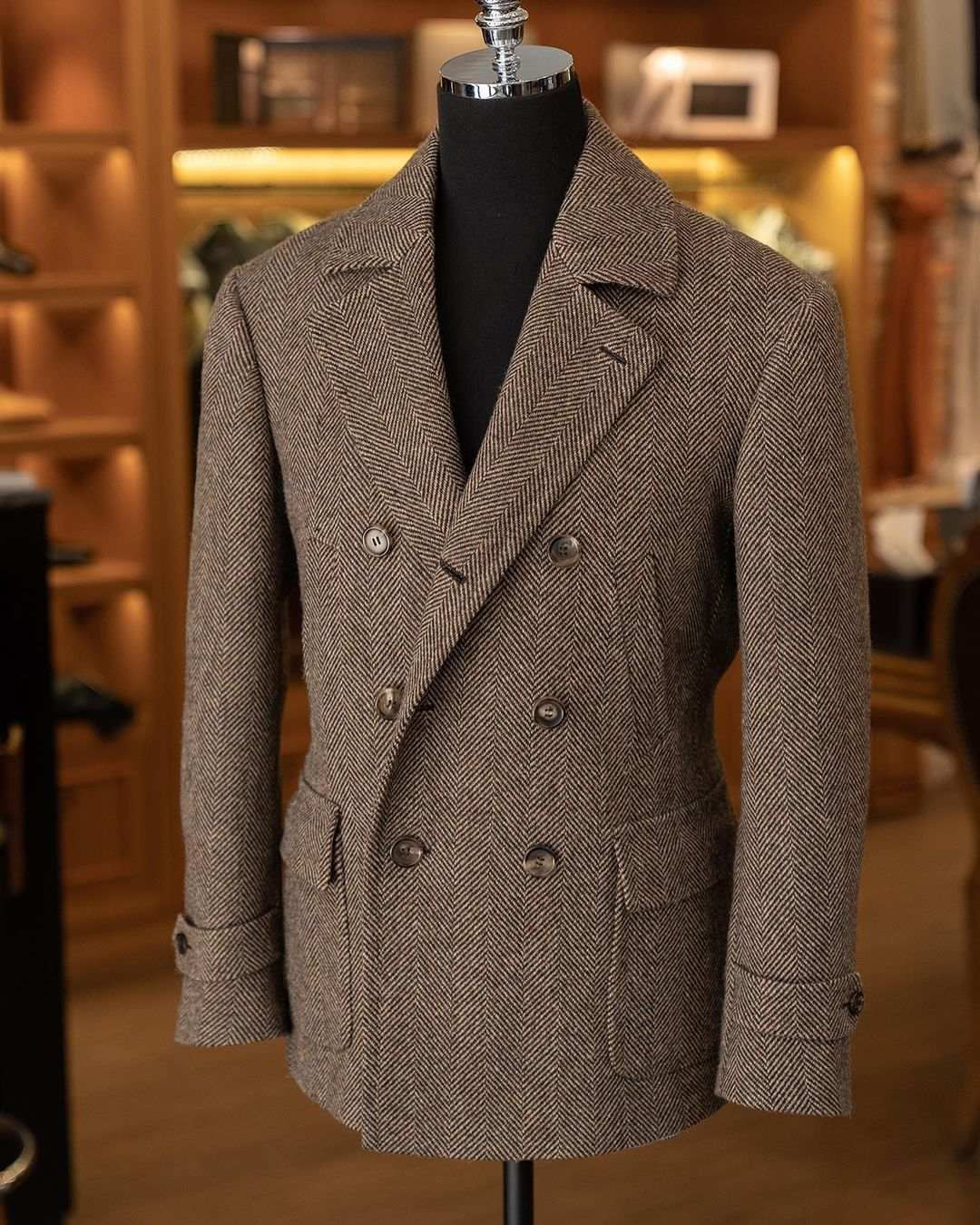 Men's Herringbone Wool Blend Coat Plus Size Double Breasted Thick Trench Coat Formal Outwear Custom Winter Warm JacketMen's Herringbone Wool Blend Coat Plus Size Double Breasted Thick Trench Coat Formal Outwear Custom Winter Warm Jacket
