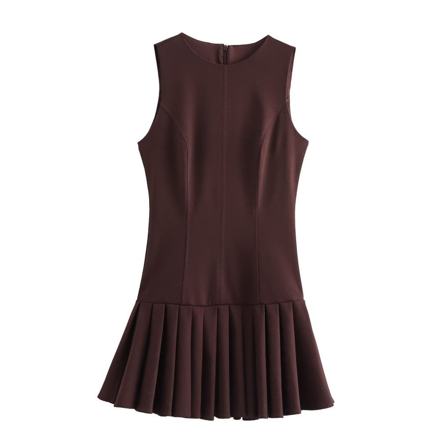 Traf2024 new product 3D cut out mini dress, pleated skirt design, brown sleeveless round neck short dress for womenTraf2024 new product 3D cut out mini dress, pleated skirt design, brown sleeveless round neck short dress for women
