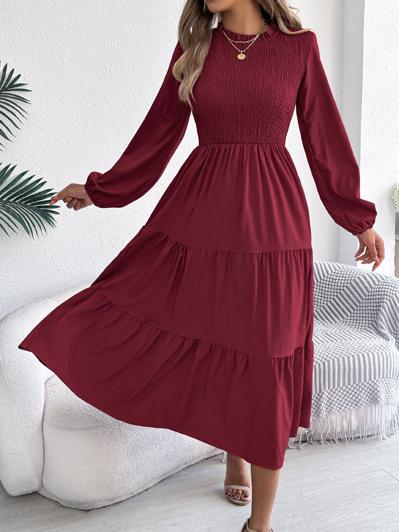 Autumn Winter Elegant Dresses for Women Solid Color Round Neck Long Sleeve Ruffles Dresses Khaki Green Red Autumn Winter Elegant Dresses for Women Solid Color Round Neck Long Sleeve Ruffles Dresses Khaki Green Red
