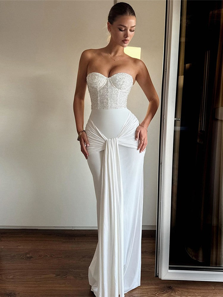 Kliou Sequin Patchwork Women Maxi Dress Stunning Sexy Strapless Stacked Pleated Sheath Long Robe Mujer Festival Elegant Dress