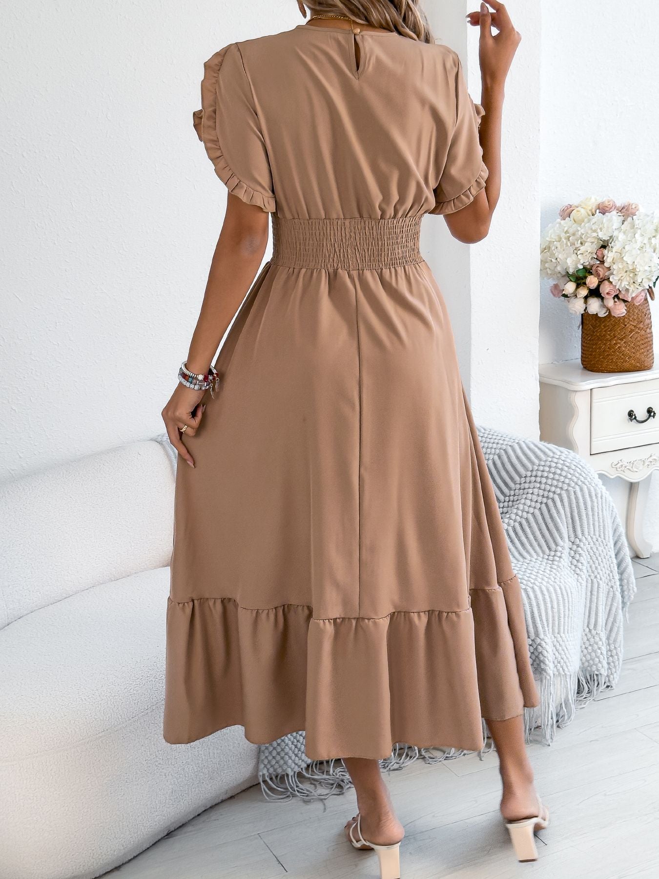 Casual elegant round neck ruffles cinched waist dress long dresses spring summer fashion women dressCasual elegant round neck ruffles cinched waist dress long dresses spring summer fashion women dress