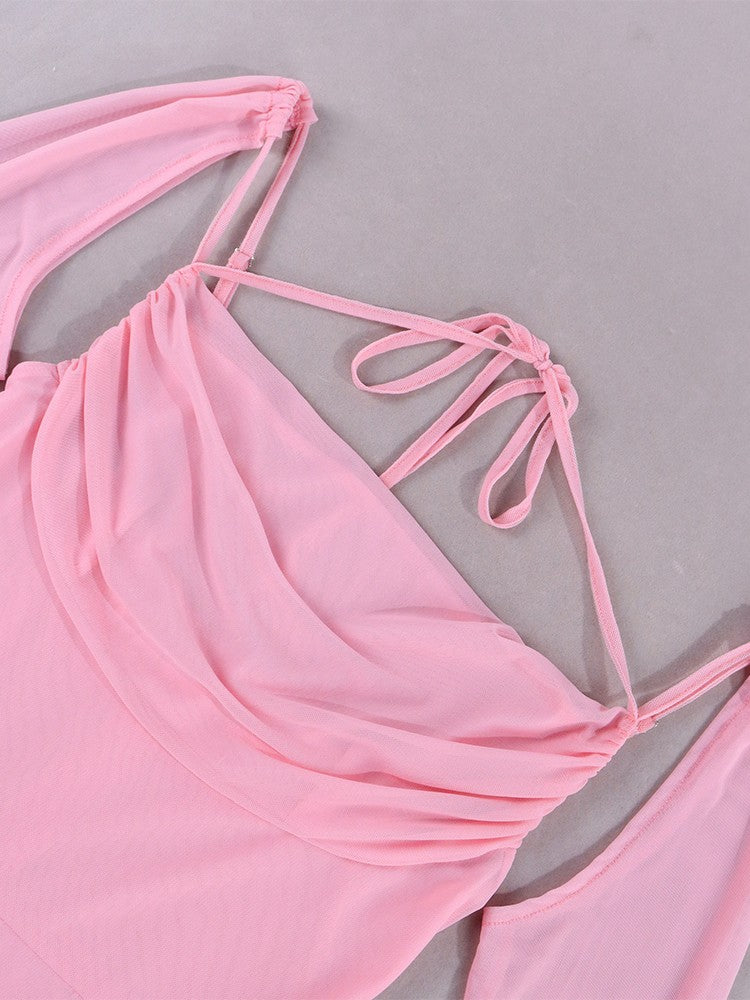 NewAsia Halter Ruffles Sleeves Mesh Pink Dress Women Sexy Solid Backless Bandage Mini Dress Summer Holiday Party Club NewAsia Halter Ruffles Sleeves Mesh Pink Dress Women Sexy Solid Backless Bandage Mini Dress Summer Holiday Party Club
