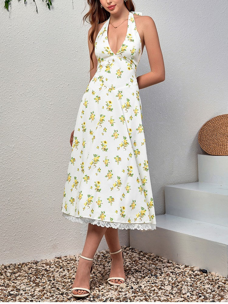 NewAsia Women's Sexy Deep V Neck Backless Floral Print Midi Dress Lace Halter Tie Up Fashion Casual Holiday Long Dresses Yellow NewAsia Women's Sexy Deep V Neck Backless Floral Print Midi Dress Lace Halter Tie Up Fashion Casual Holiday Long Dresses Yellow