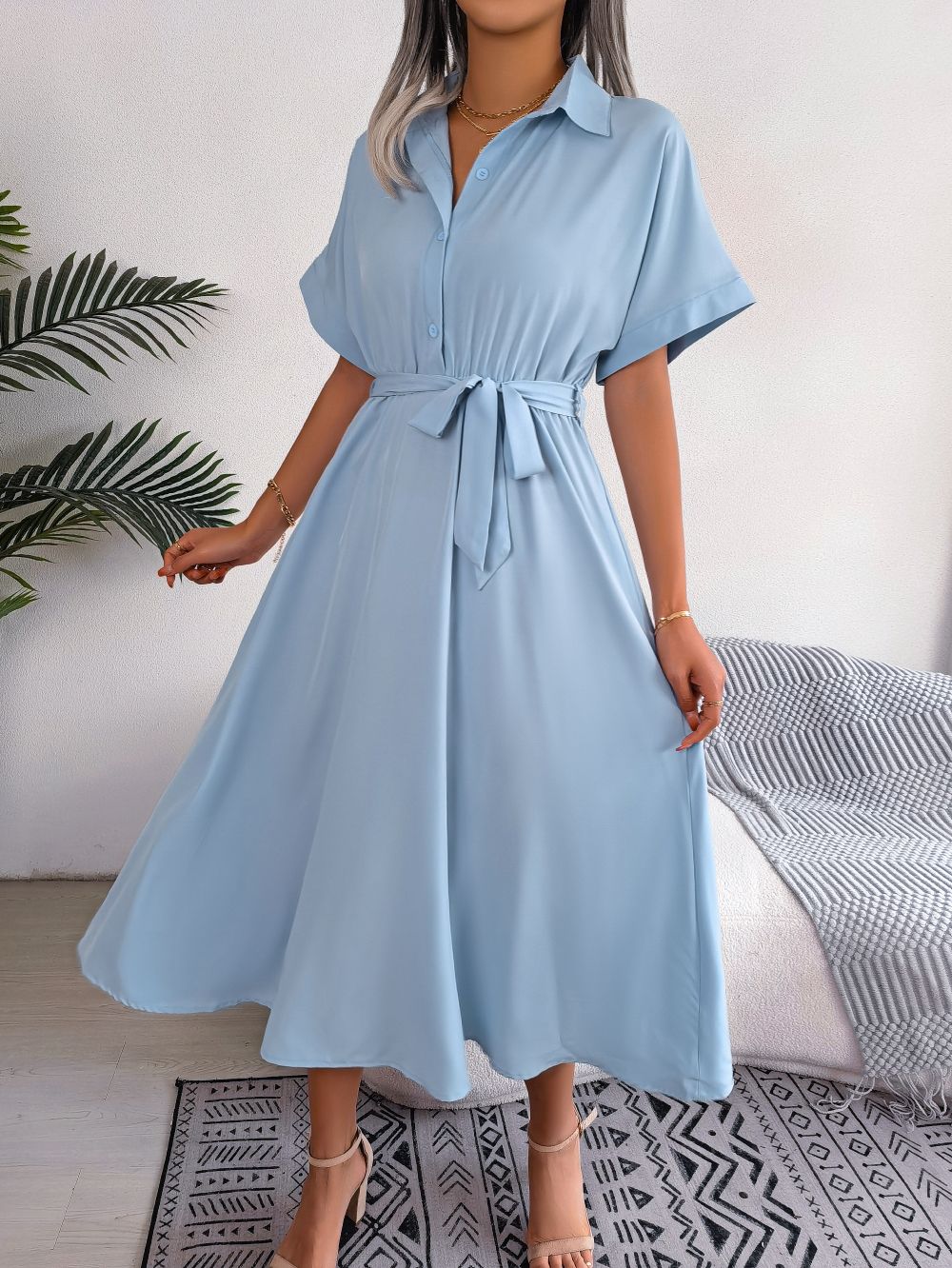 Women Summer Slim Waist Lace Up Dresses 2025 Casual Solid Color Turn Down Collar Short Sleeve A Line Dress Green Red Blue Women Summer Slim Waist Lace Up Dresses 2025 Casual Solid Color Turn Down Collar Short Sleeve A Line Dress Green Red Blue