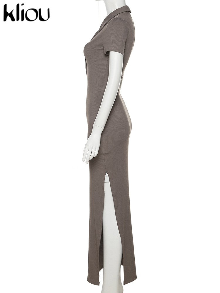 Kliou elegante senhora do escritório maxi vestido feminino sólido moda turn-do