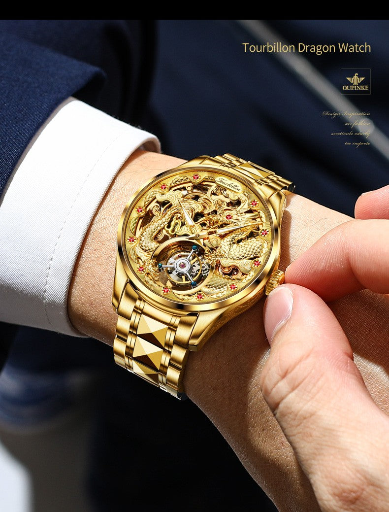 OUPINKE 3176 Tourbillon Watch Men 3D Carved Dragon Tungsten Steel Waterproof Wristwatches Top Layer Swiss Certification Watches OUPINKE 3176 Tourbillon Watch Men 3D Carved Dragon Tungsten Steel Waterproof Wristwatches Top Layer Swiss Certification Watches