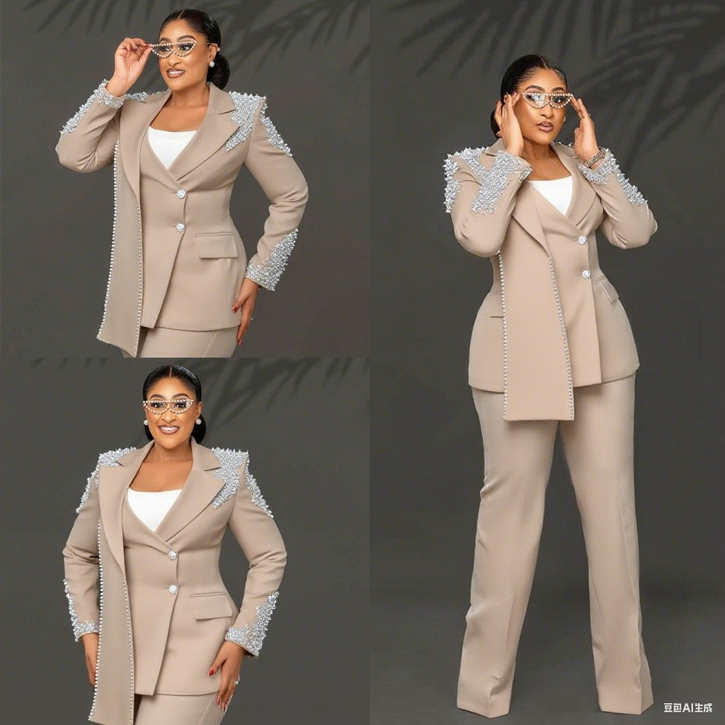 Pearls Beaded Appliques Women's Pant Suits 2 Piece Plus Size Wedding Mother of the Bride Suits Wraps Design Blazer Outfit
