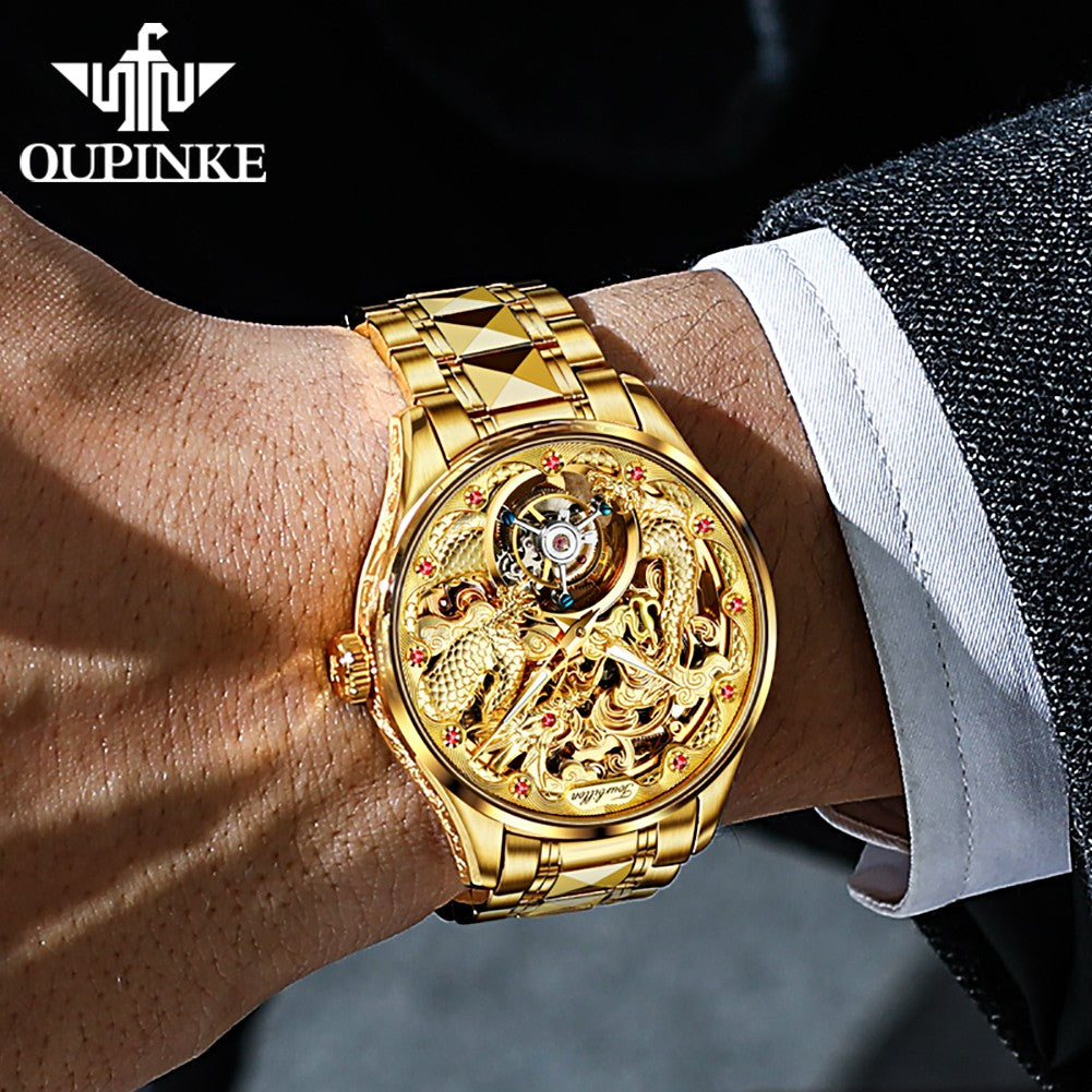 OUPINKE 3176 Tourbillon Watch Men 3D Carved Dragon Tungsten Steel Waterproof Wristwatches Top Layer Swiss Certification Watches OUPINKE 3176 Tourbillon Watch Men 3D Carved Dragon Tungsten Steel Waterproof Wristwatches Top Layer Swiss Certification Watches