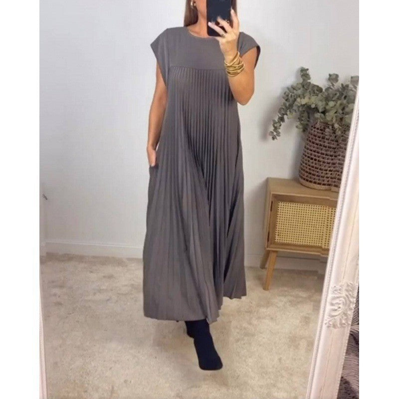 Elegant loose summer party dresses women fashion short sleeve casual a-line pleated long dress o-neck solid robe simple clothesElegant loose summer party dresses women fashion short sleeve casual a-line pleated long dress o-neck solid robe simple clothes