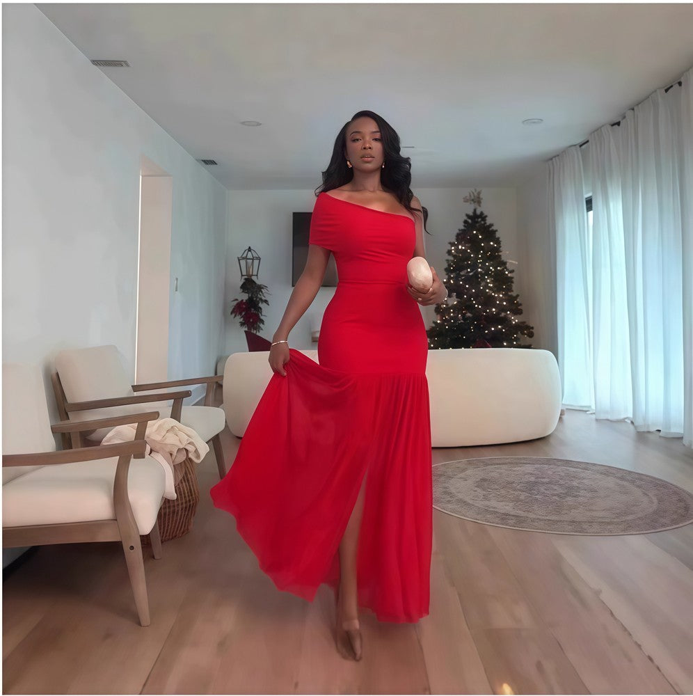 Elegant Sexy Night Club Party Holiday Maxi Dress for Women Elegant Slant Collar One Sleeve Off Shoulder Mesh Slit Long Dresses Elegant Sexy Night Club Party Holiday Maxi Dress for Women Elegant Slant Collar One Sleeve Off Shoulder Mesh Slit Long Dresses
