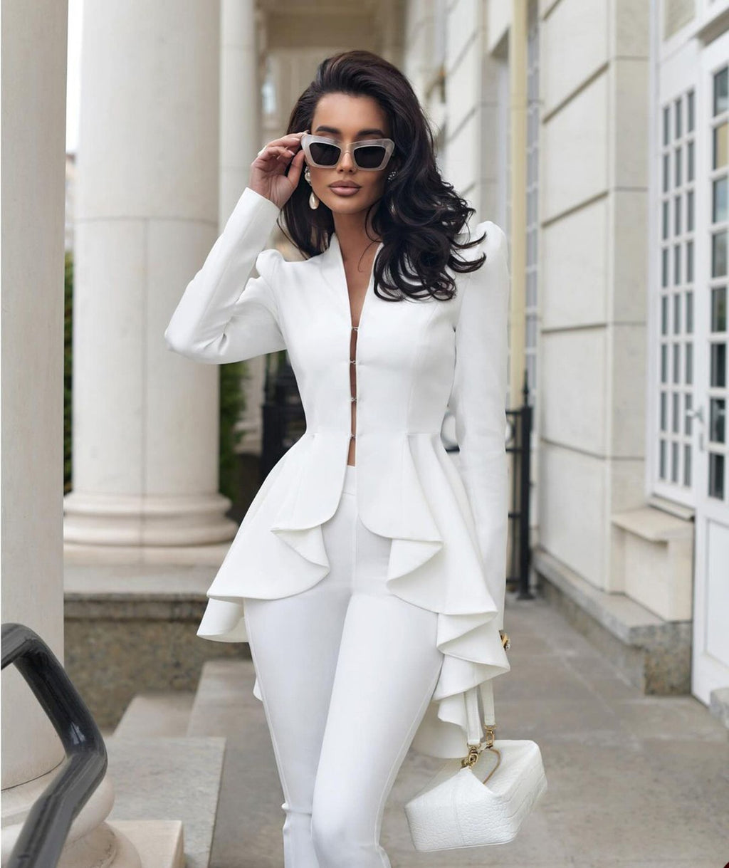 Women's Vintage Pant Suits 2 Pieces Scallop Hem Hi-Lo Blazer and Trousers Custom Made Evening Wedding Party Prom Formal Wear Women's Vintage Pant Suits 2 Pieces Scallop Hem Hi-Lo Blazer and Trousers Custom Made Evening Wedding Party Prom Formal Wear