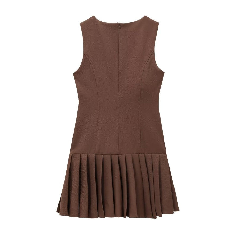Traf2024 new product 3D cut out mini dress, pleated skirt design, brown sleeveless round neck short dress for womenTraf2024 new product 3D cut out mini dress, pleated skirt design, brown sleeveless round neck short dress for women