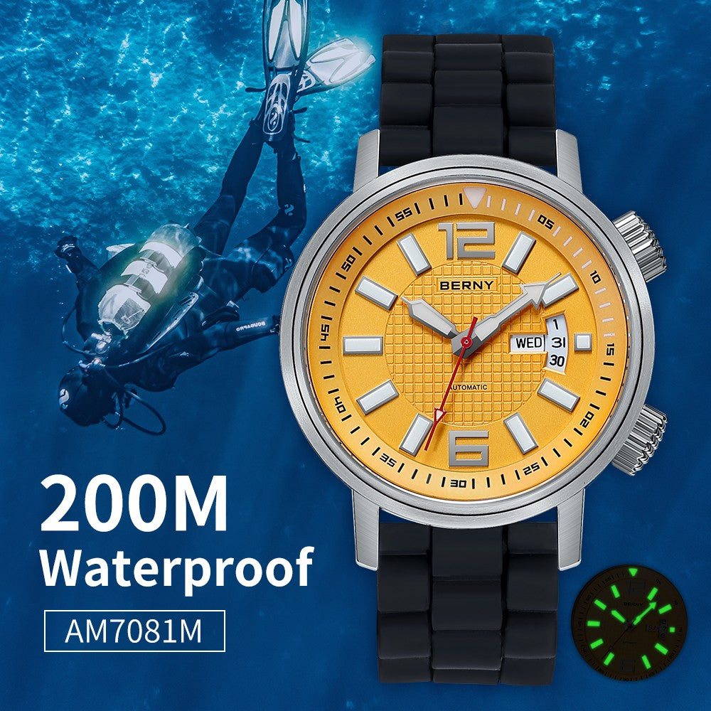 BERNY 20ATM Diver Relógio Mecânico Automático para Homens Super Luminoso À P