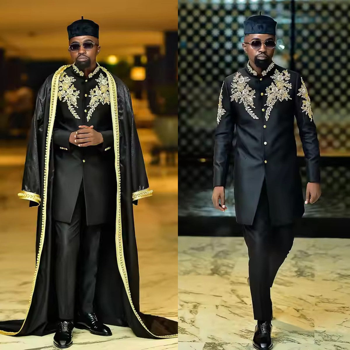 Royal Style Beaded Lace Men Suits With Cape 3 Pieces Plus Size Stand Collar Pocket Jacket Custom Formal Men's Homme Costume