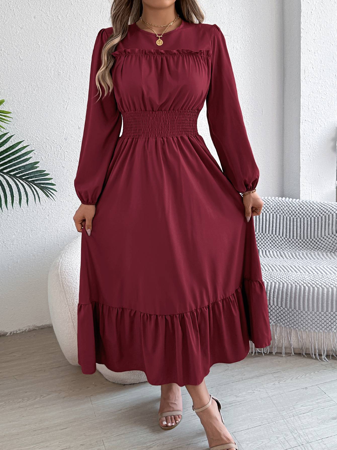 Autumn and winter casual elegant solid color round neck long sleeve cinched waist lotus leaf edge dress women's clothing Autumn and winter casual elegant solid color round neck long sleeve cinched waist lotus leaf edge dress women's clothing