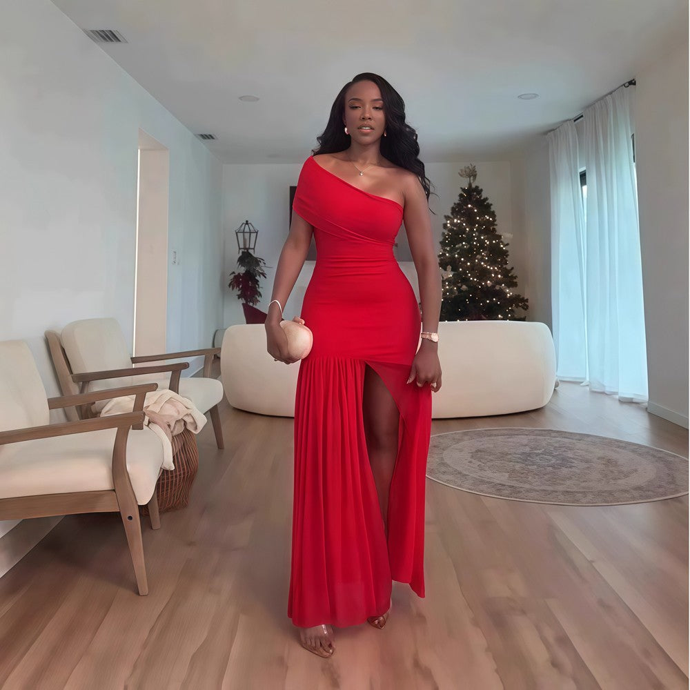 Elegant Sexy Night Club Party Holiday Maxi Dress for Women Elegant Slant Collar One Sleeve Off Shoulder Mesh Slit Long Dresses Elegant Sexy Night Club Party Holiday Maxi Dress for Women Elegant Slant Collar One Sleeve Off Shoulder Mesh Slit Long Dresses