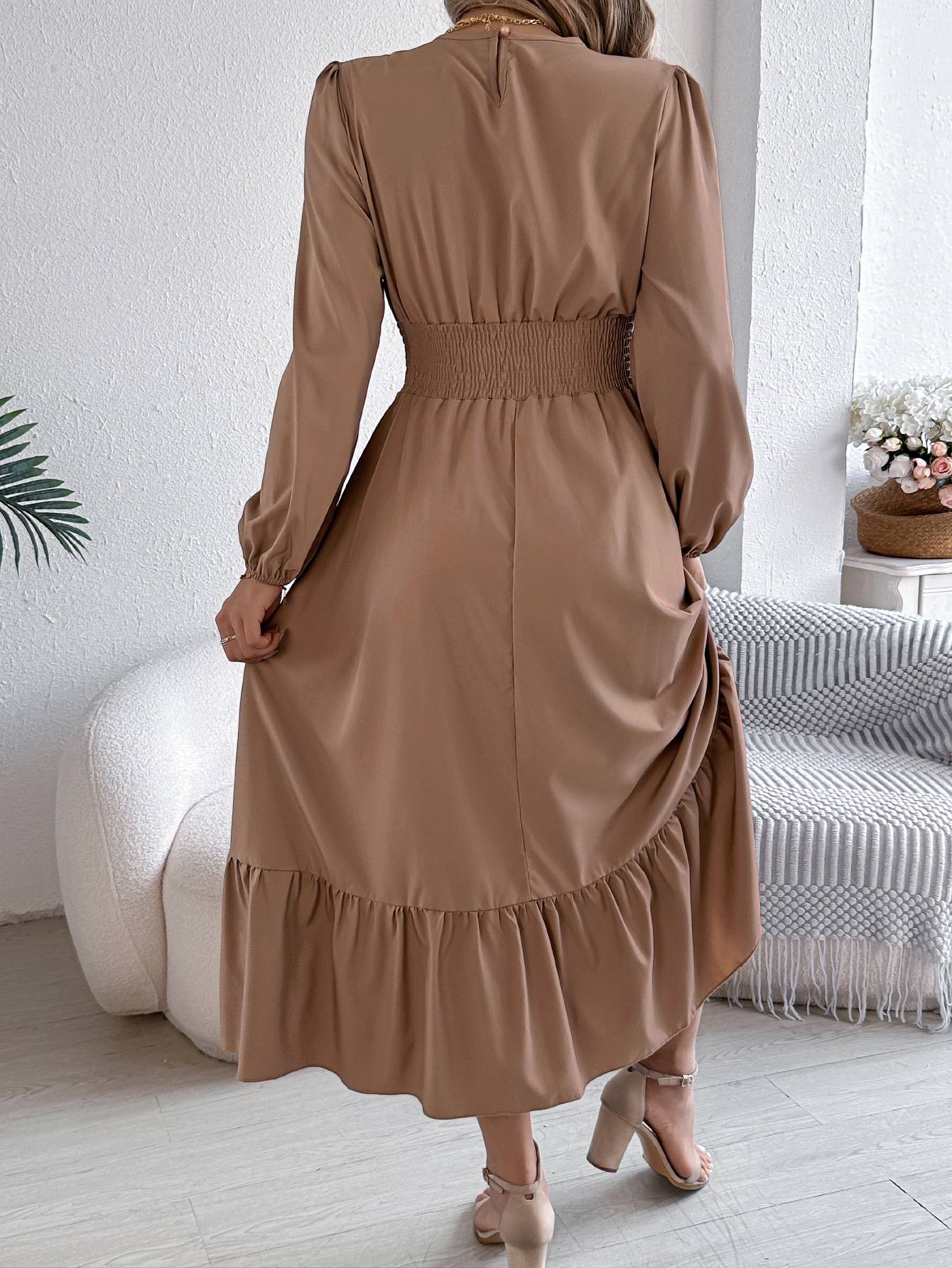 Autumn and winter casual elegant solid color round neck long sleeve cinched waist lotus leaf edge dress women's clothing Autumn and winter casual elegant solid color round neck long sleeve cinched waist lotus leaf edge dress women's clothing