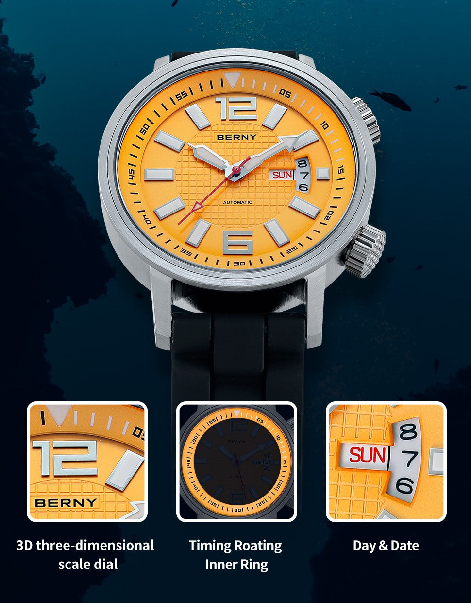 BERNY 20ATM Diver Relógio Mecânico Automático para Homens Super Luminoso À P