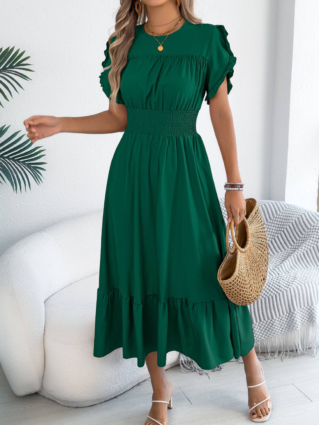 Casual elegant round neck ruffles cinched waist dress long dresses spring summer fashion women dressCasual elegant round neck ruffles cinched waist dress long dresses spring summer fashion women dress