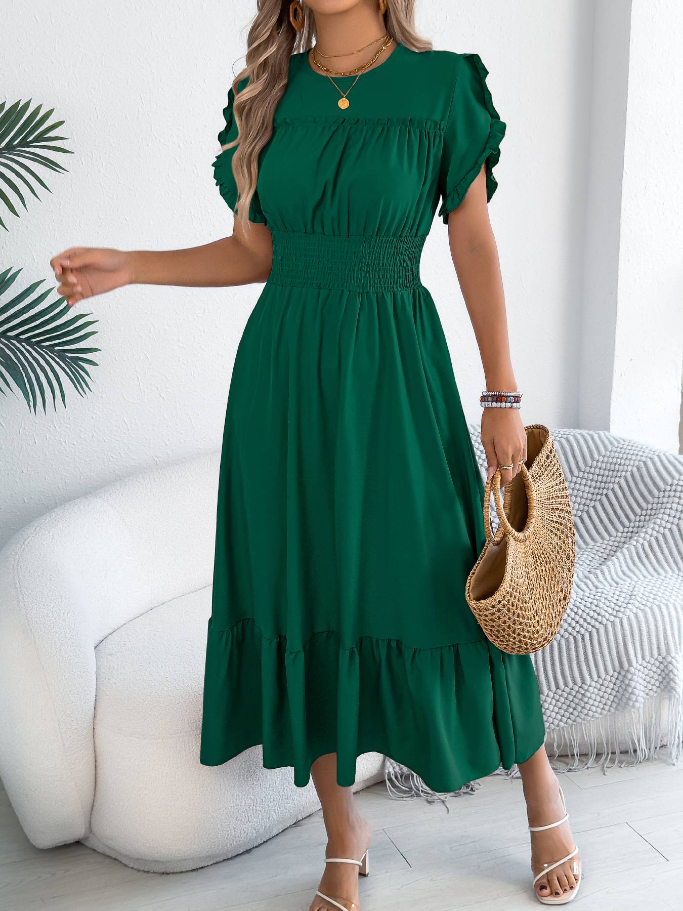 Casual elegant round neck ruffles cinched waist dress long dresses spring summer fashion women dressCasual elegant round neck ruffles cinched waist dress long dresses spring summer fashion women dress