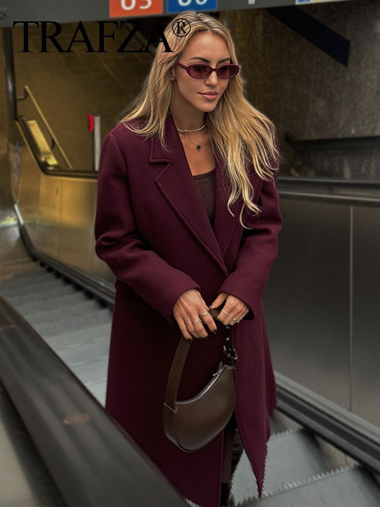 Trafza Women Fashion Burgundy Double Breasted Wool Coat Long Sleeve Lapel Blends Jacket Autumn Winter High Street OuterwearTrafza Women Fashion Burgundy Double Breasted Wool Coat Long Sleeve Lapel Blends Jacket Autumn Winter High Street Outerwear