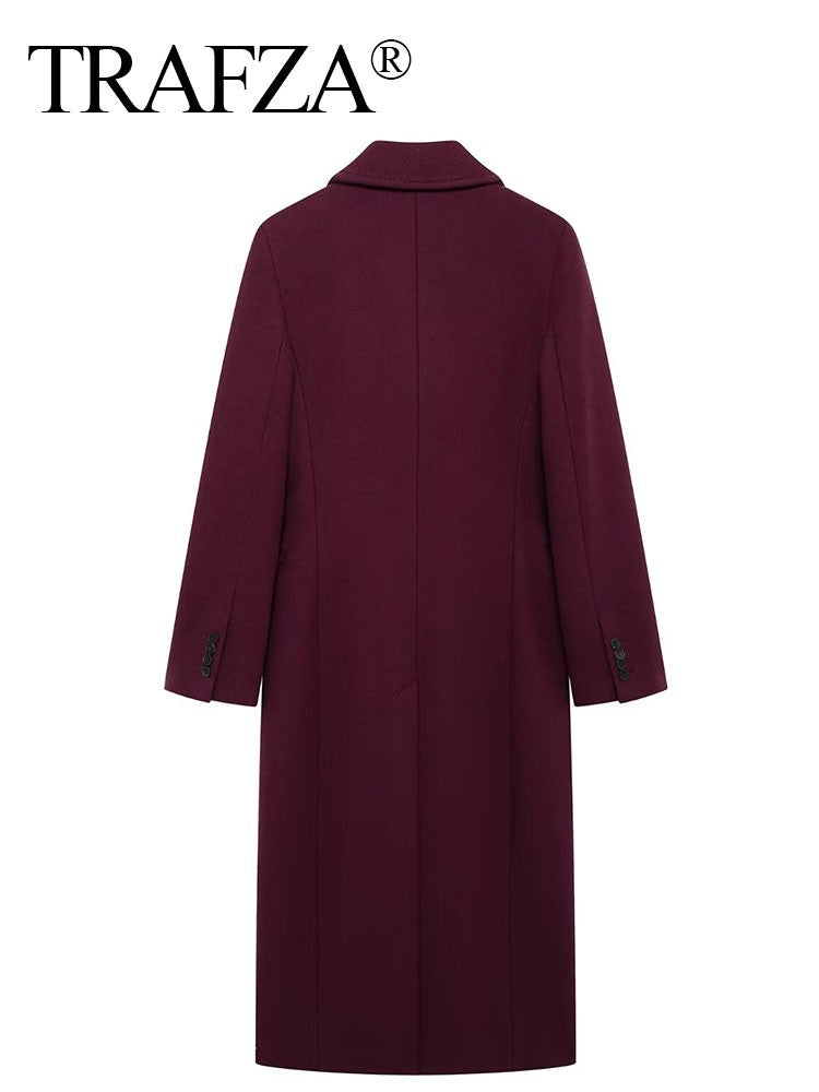 Trafza Women Fashion Burgundy Double Breasted Wool Coat Long Sleeve Lapel Blends Jacket Autumn Winter High Street OuterwearTrafza Women Fashion Burgundy Double Breasted Wool Coat Long Sleeve Lapel Blends Jacket Autumn Winter High Street Outerwear