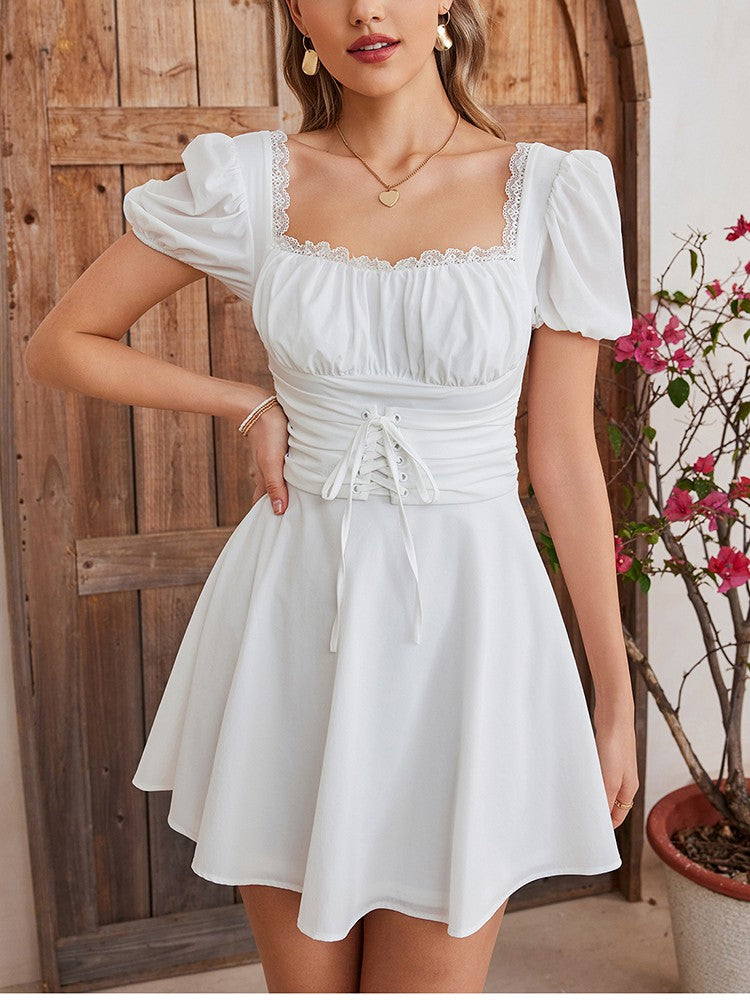 NewAsia-Women's Puff Sleeve Lace Mini Dress, Backless, Square Neck, Ruched, Short, Casual, Vacation, Party Wear, Waist Tie UpNewAsia-Women's Puff Sleeve Lace Mini Dress, Backless, Square Neck, Ruched, Short, Casual, Vacation, Party Wear, Waist Tie Up