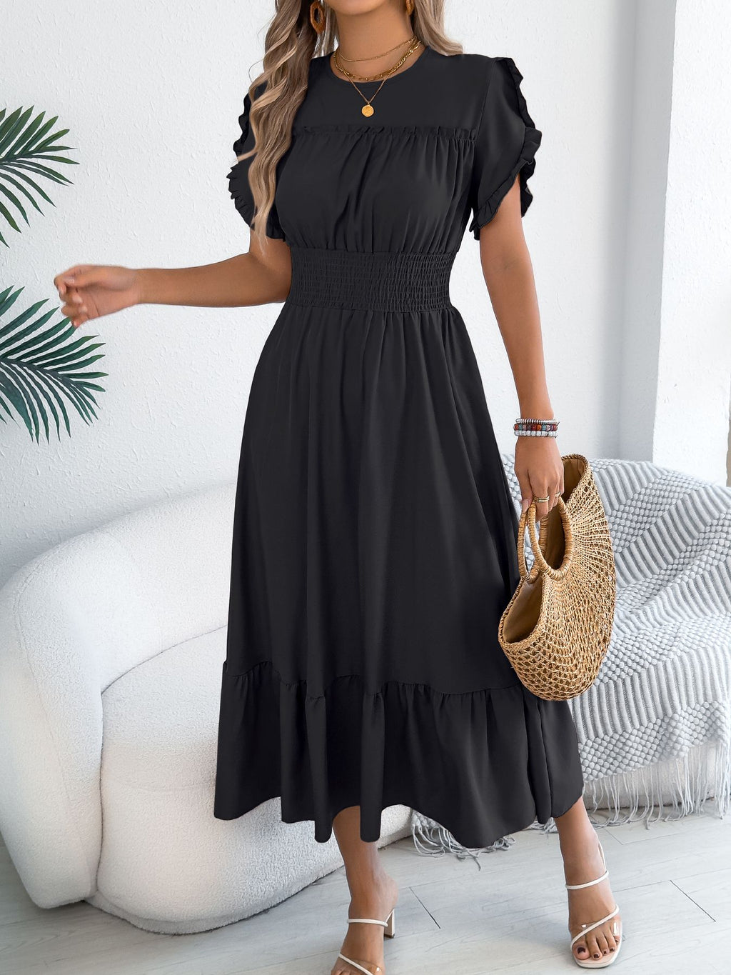 Casual elegant round neck ruffles cinched waist dress long dresses spring summer fashion women dressCasual elegant round neck ruffles cinched waist dress long dresses spring summer fashion women dress