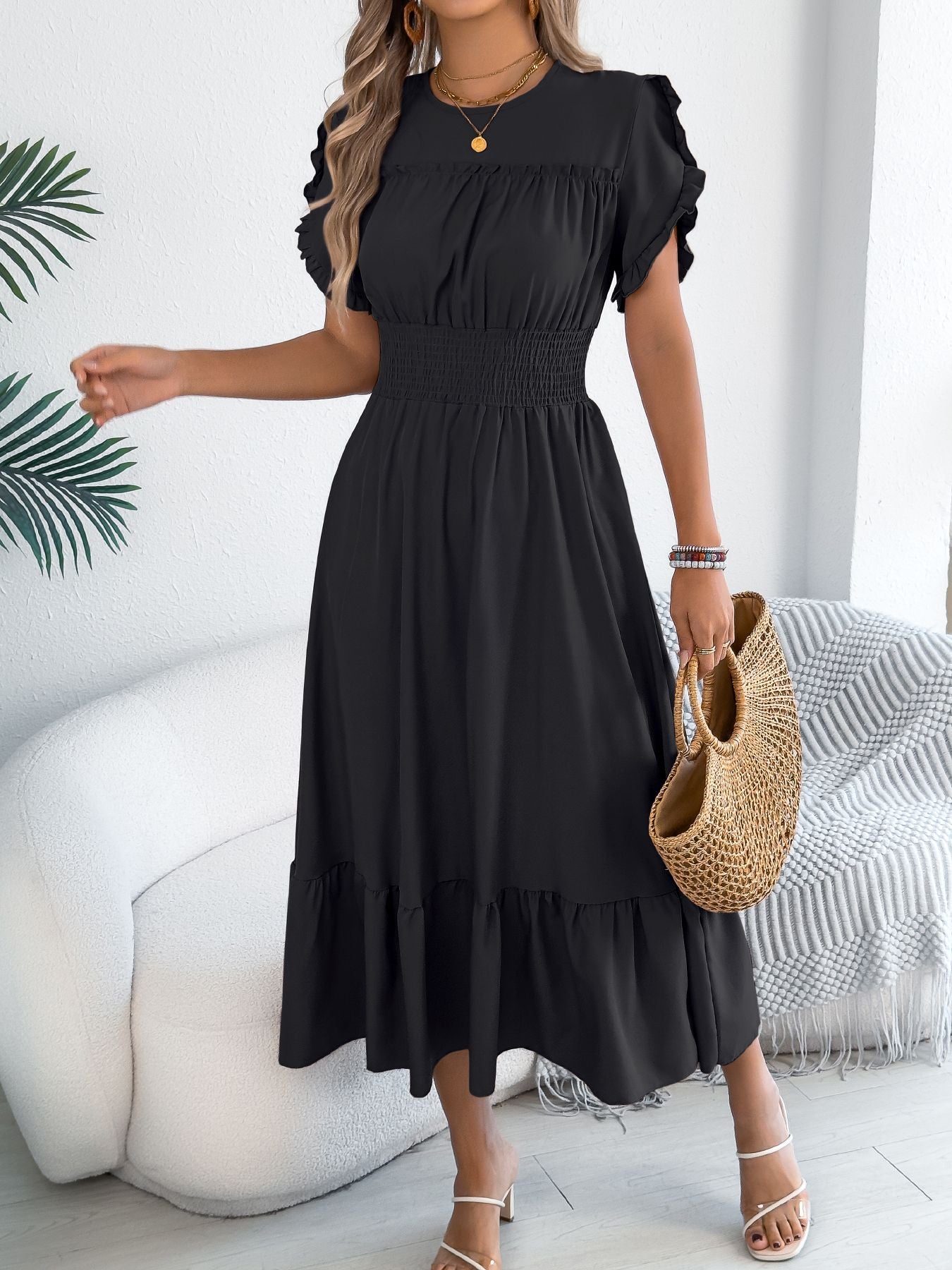 Casual elegant round neck ruffles cinched waist dress long dresses spring summer fashion women dressCasual elegant round neck ruffles cinched waist dress long dresses spring summer fashion women dress