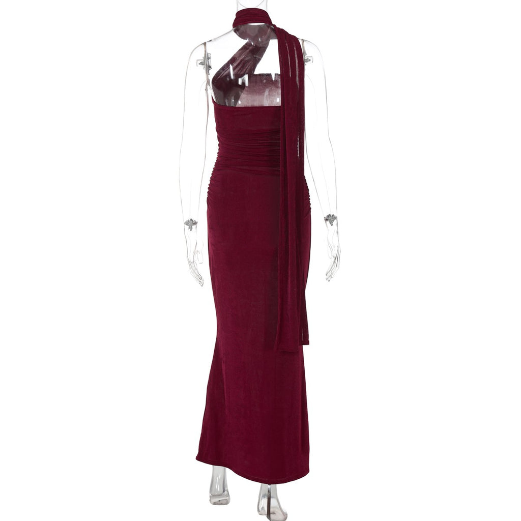 Hugcitar halter sólido sem mangas sem costas franzido sexy bodycon maxi vestido
