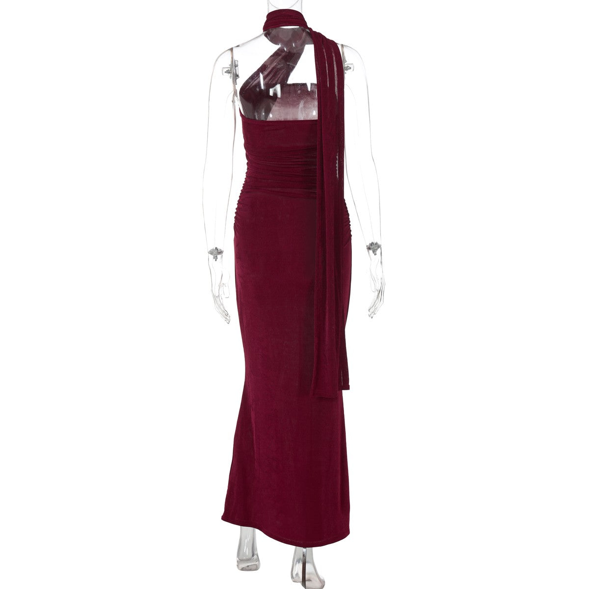 Hugcitar halter sólido sem mangas sem costas franzido sexy bodycon maxi vestido