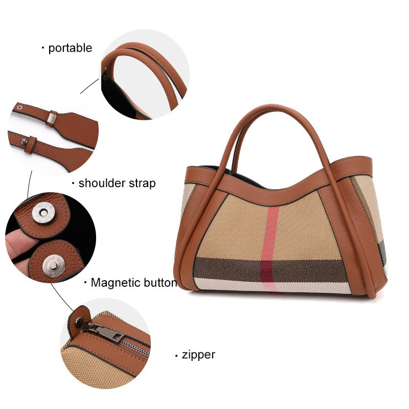 Aidrani Plaid Canvas and Leather Tote