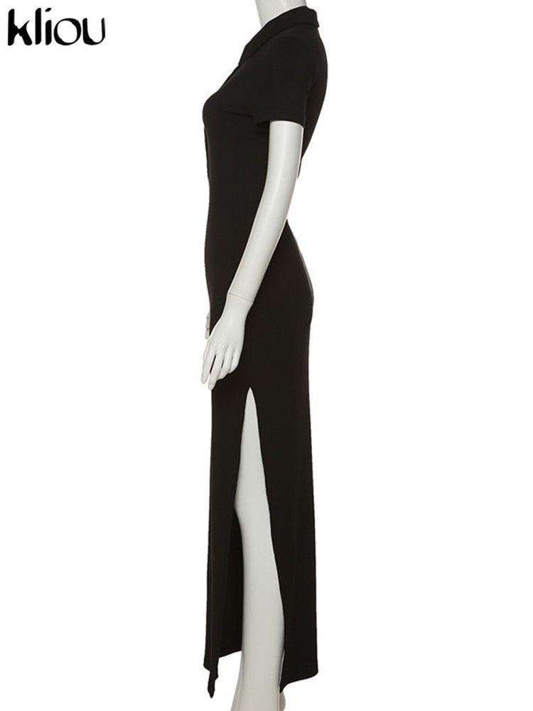 Kliou elegante senhora do escritório maxi vestido feminino sólido moda turn-do