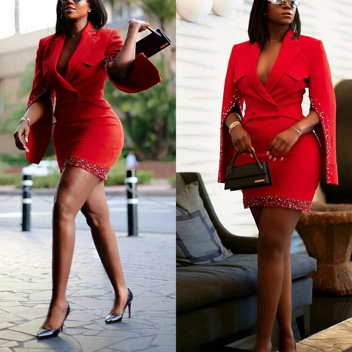 Sexy Crystal Beads Women Skirt Suits 2pcs Cape Sleeves Blazer+Skirt Custom Wedding Guest Dress Evening Party Prom OutfitSexy Crystal Beads Women Skirt Suits 2pcs Cape Sleeves Blazer+Skirt Custom Wedding Guest Dress Evening Party Prom Outfit
