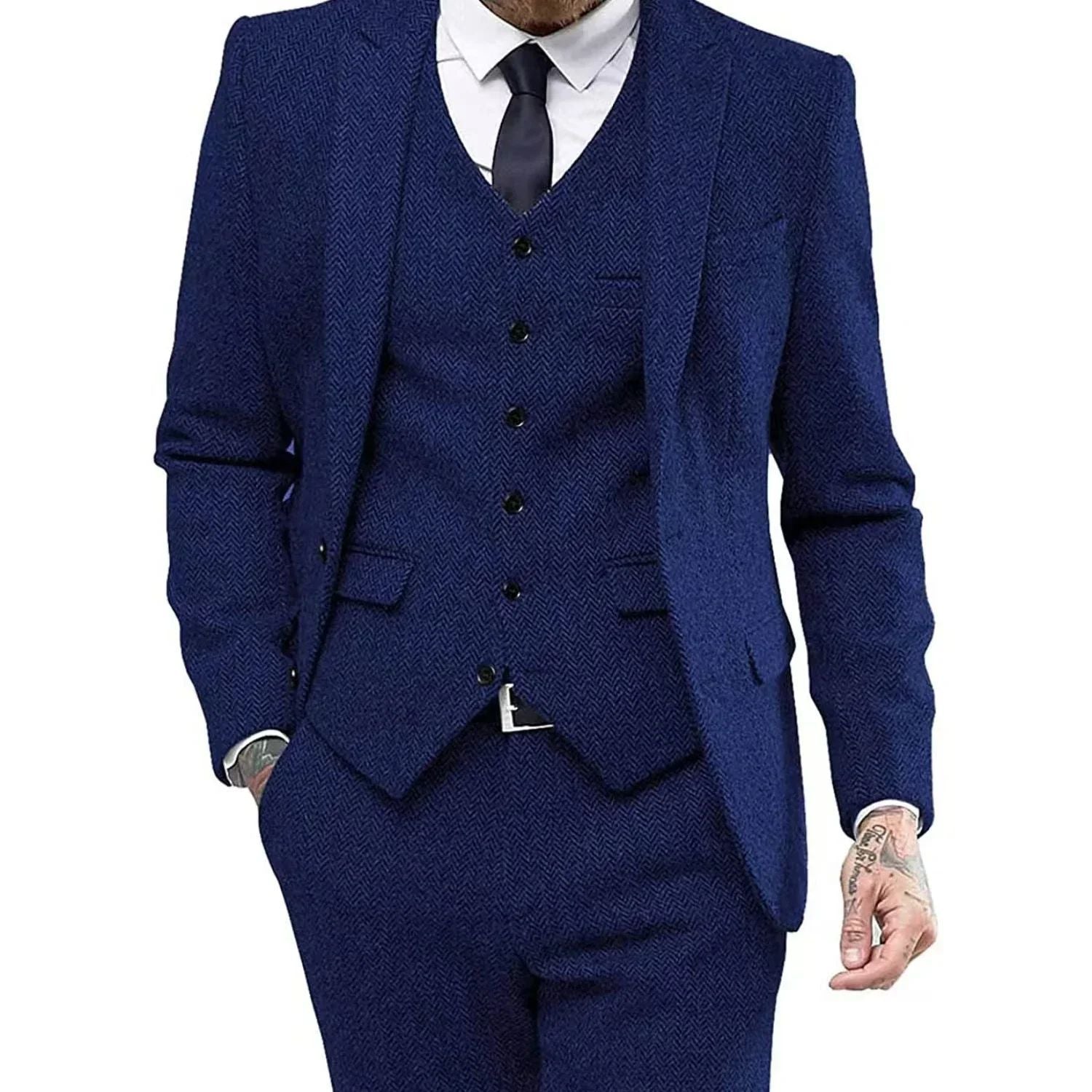 Men's Retro Herringbone Suit, Elegant Vintage Tuxedo Set, 3 Piece Blazer, Vest and Pants, for Wedding, Business, Evening PartyMen's Retro Herringbone Suit, Elegant Vintage Tuxedo Set, 3 Piece Blazer, Vest and Pants, for Wedding, Business, Evening Party