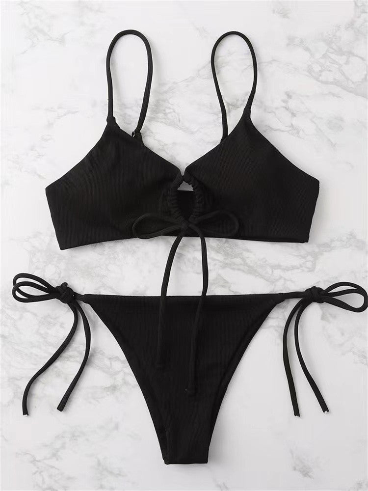 Solid Color Low-Waist Bikini Set