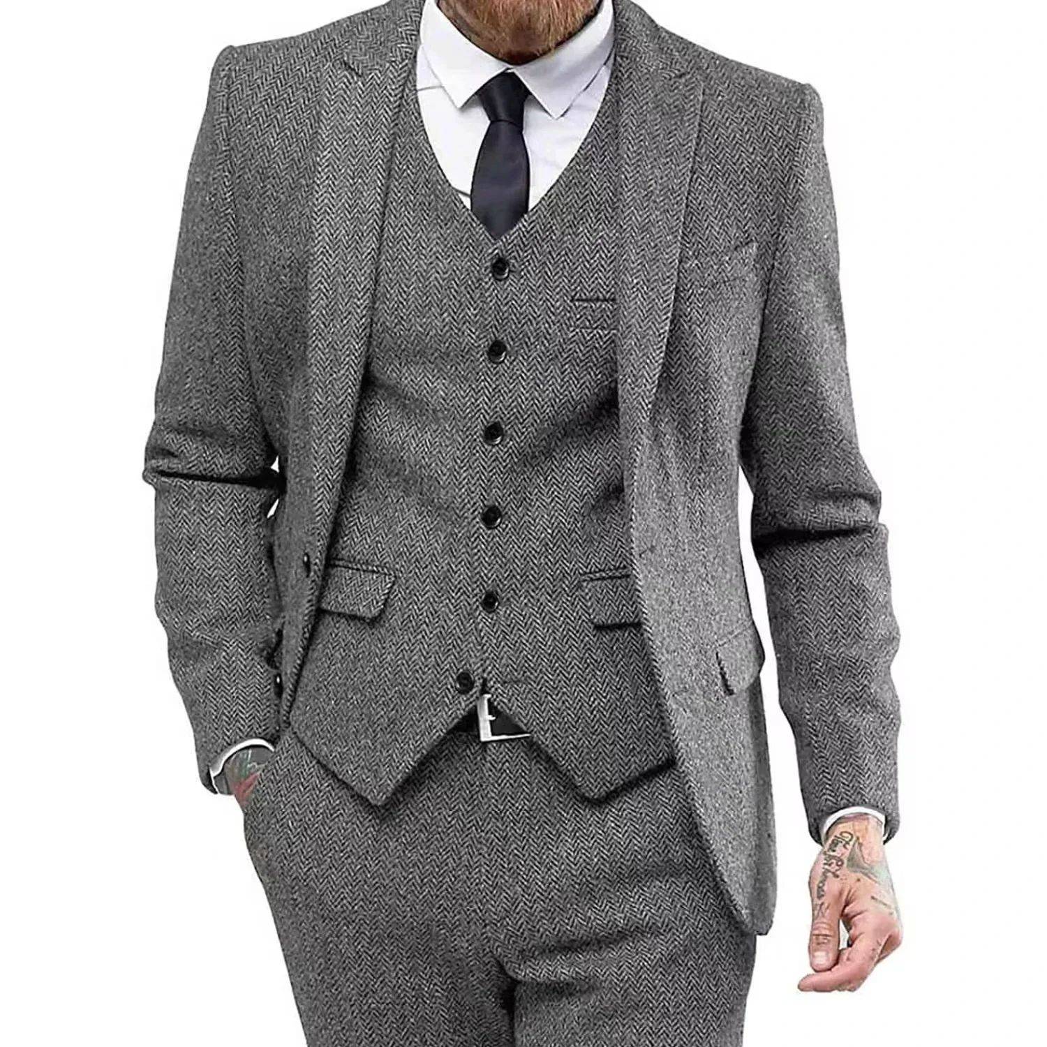 Men's Retro Herringbone Suit, Elegant Vintage Tuxedo Set, 3 Piece Blazer, Vest and Pants, for Wedding, Business, Evening PartyMen's Retro Herringbone Suit, Elegant Vintage Tuxedo Set, 3 Piece Blazer, Vest and Pants, for Wedding, Business, Evening Party