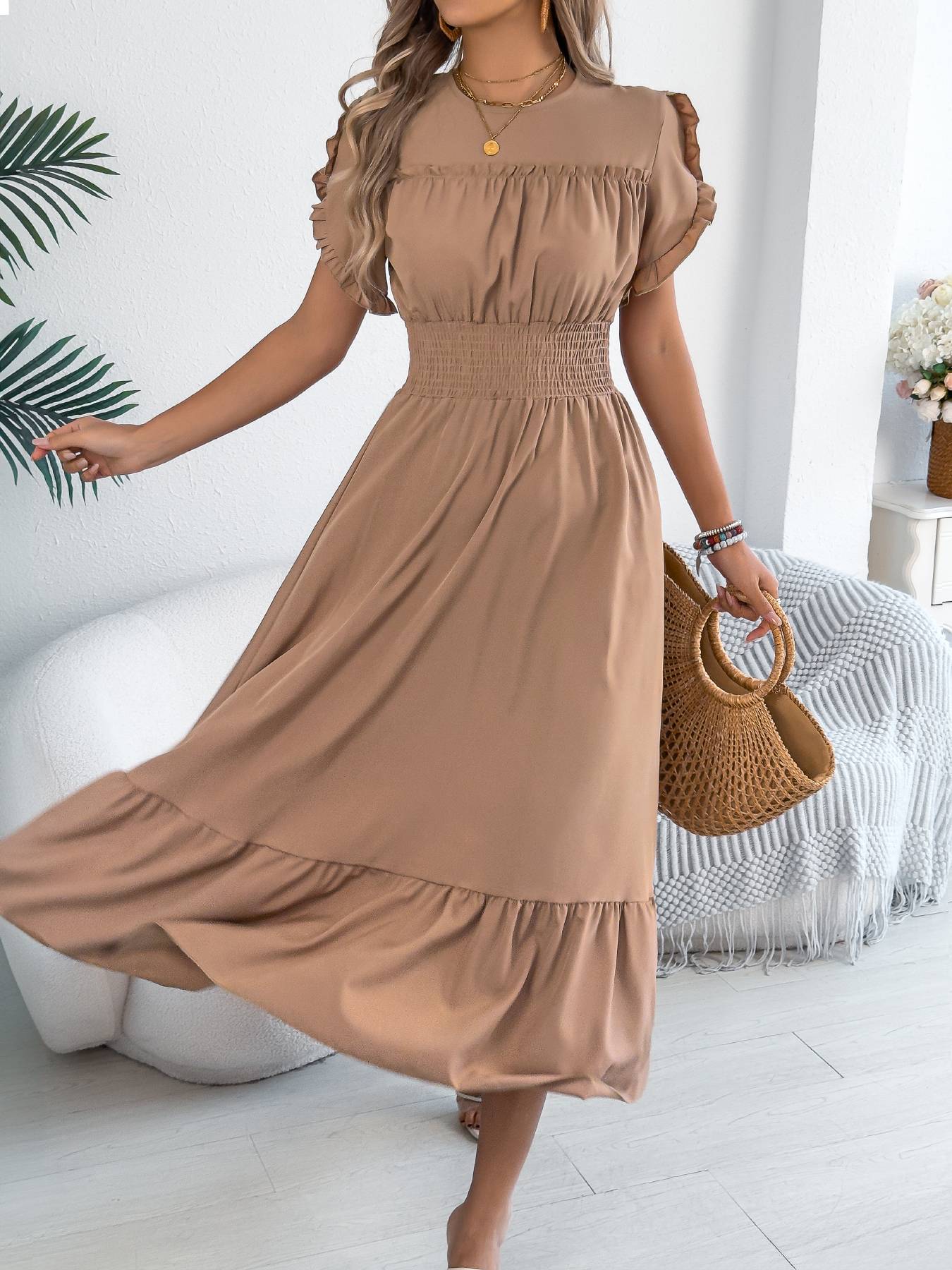 Casual elegant round neck ruffles cinched waist dress long dresses spring summer fashion women dressCasual elegant round neck ruffles cinched waist dress long dresses spring summer fashion women dress