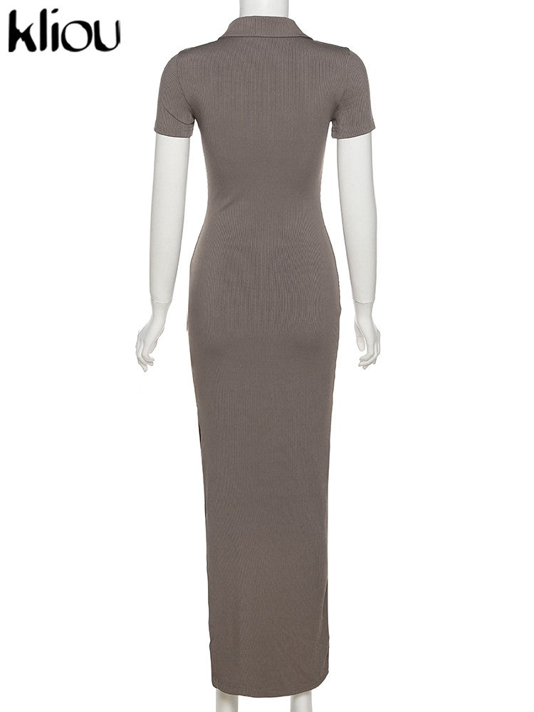 Kliou elegante senhora do escritório maxi vestido feminino sólido moda turn-do