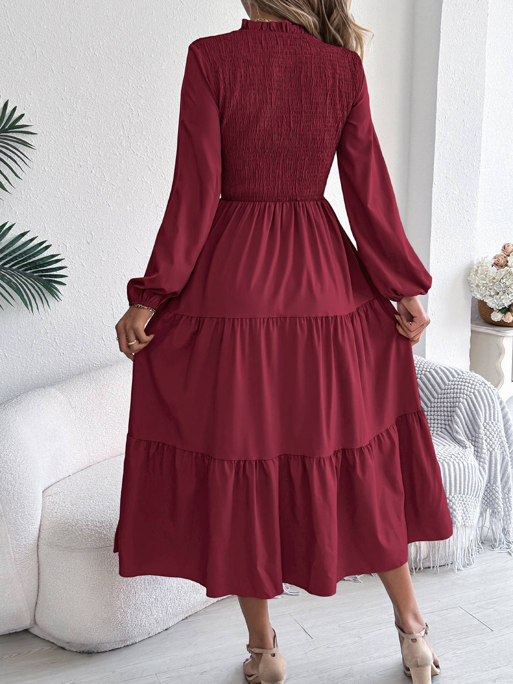 Autumn Winter Elegant Dresses for Women Solid Color Round Neck Long Sleeve Ruffles Dresses Khaki Green Red Autumn Winter Elegant Dresses for Women Solid Color Round Neck Long Sleeve Ruffles Dresses Khaki Green Red