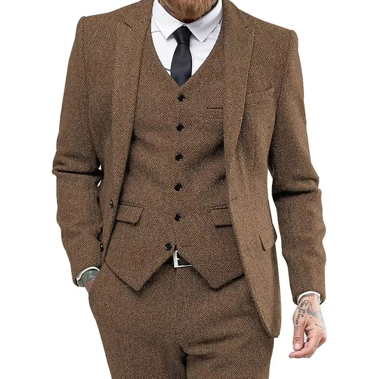 Men's Retro Herringbone Suit, Elegant Vintage Tuxedo Set, 3 Piece Blazer, Vest and Pants, for Wedding, Business, Evening PartyMen's Retro Herringbone Suit, Elegant Vintage Tuxedo Set, 3 Piece Blazer, Vest and Pants, for Wedding, Business, Evening Party