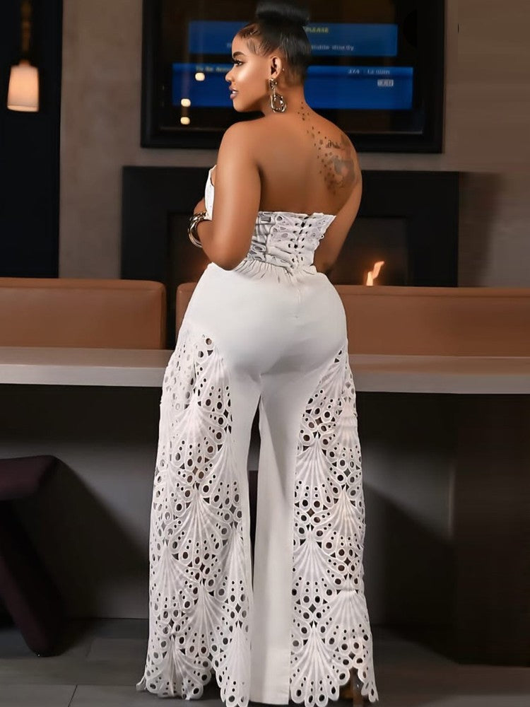 Beyprern Elegant Hollow Out Lace Chest Croset Tube Top and Wide Leg Pants Set Womens Lace Palazzo Tracksuits Set Sexy Clubwear Beyprern Elegant Hollow Out Lace Chest Croset Tube Top and Wide Leg Pants Set Womens Lace Palazzo Tracksuits Set Sexy Clubwear