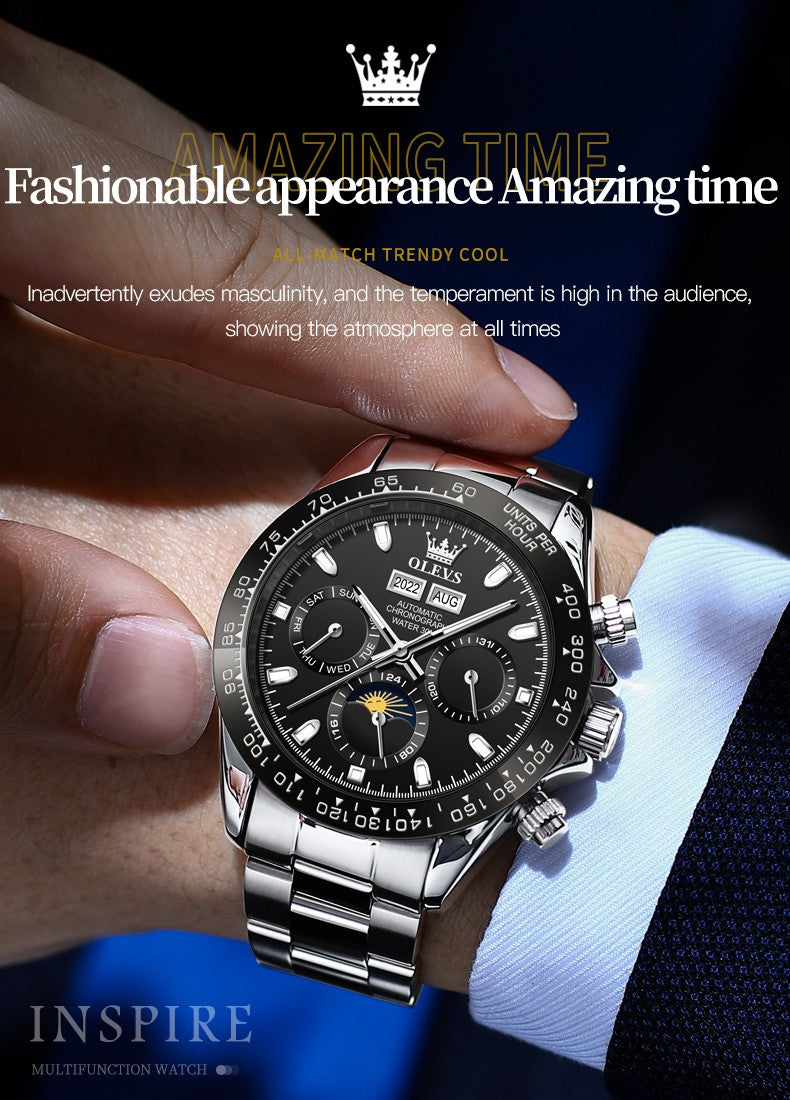 OLEVS 6654 Automatic Mechanical Watch: Moon Phase & Roman Flair